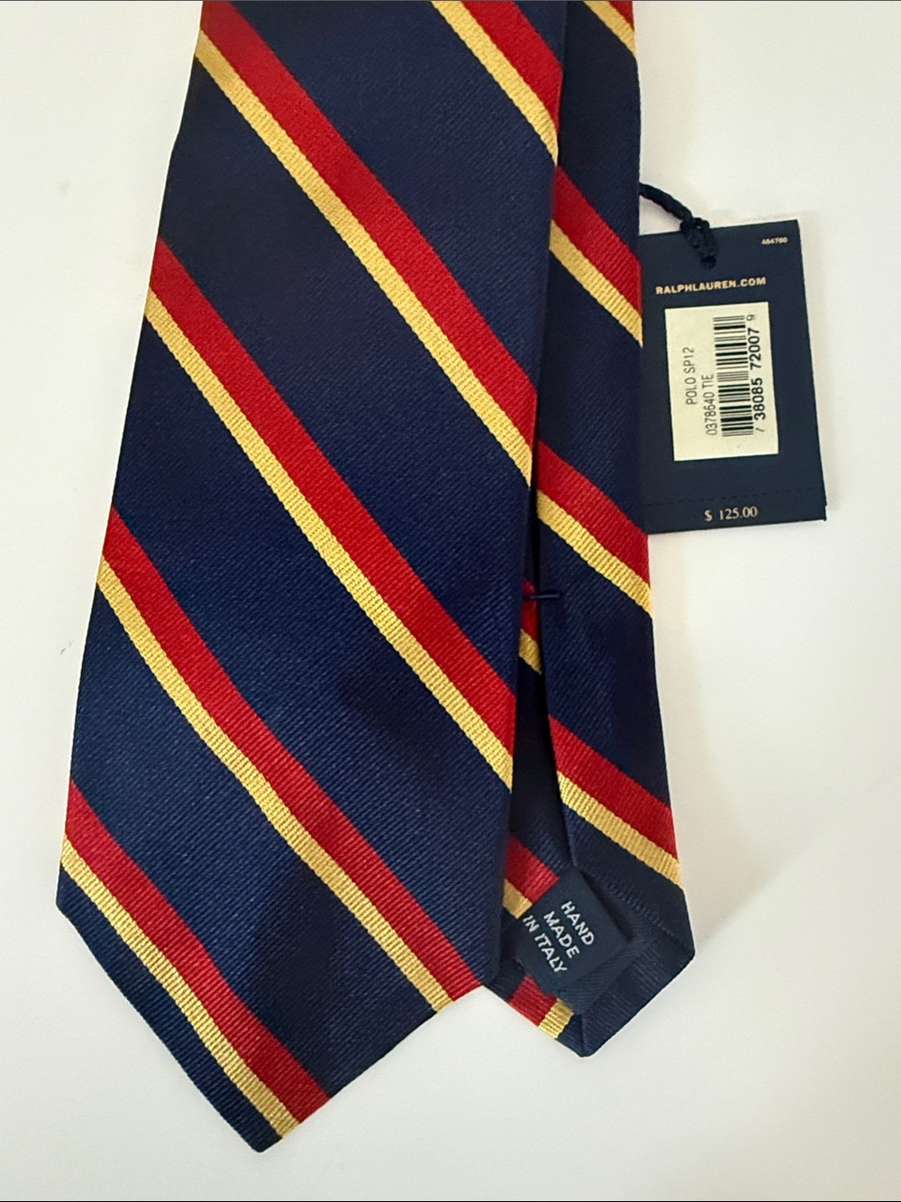 $125 Polo by Ralph Lauren Navy Silk Tie with Red Gold Stripes Made in Italy NWT